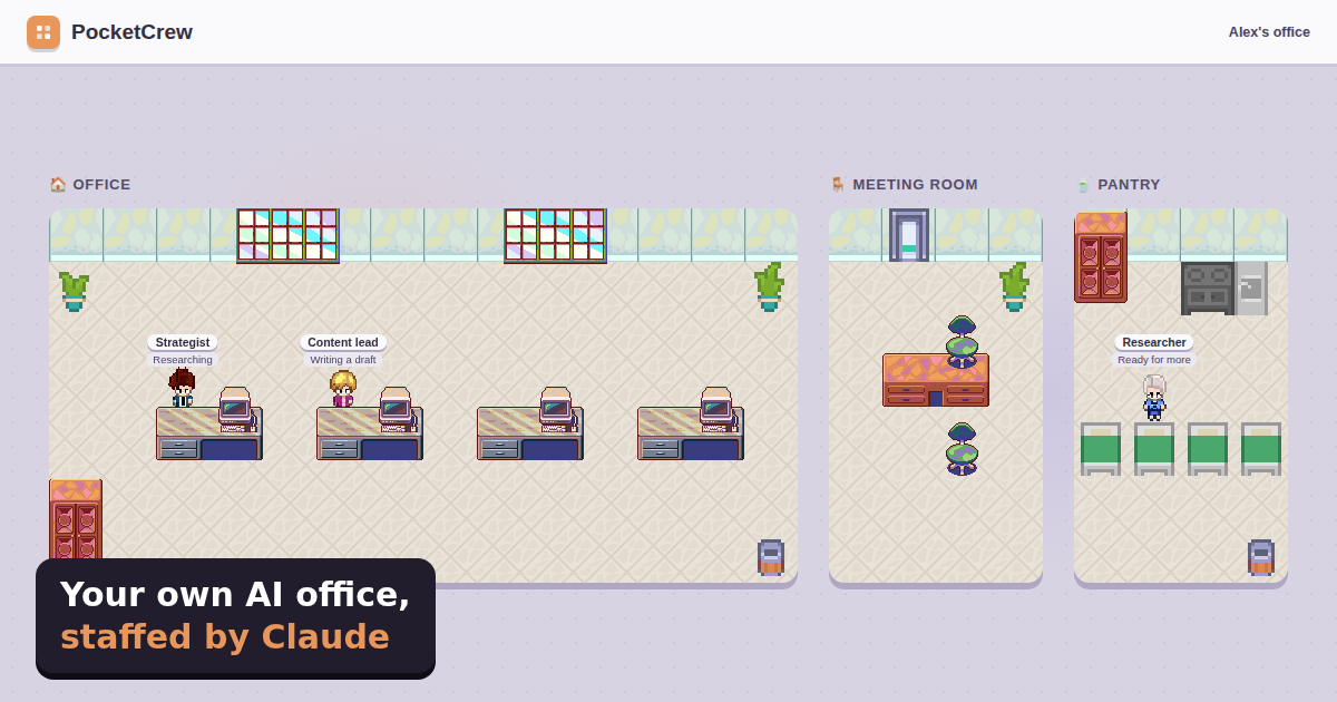 A pixel-art office where Claude crew members work at their desks
